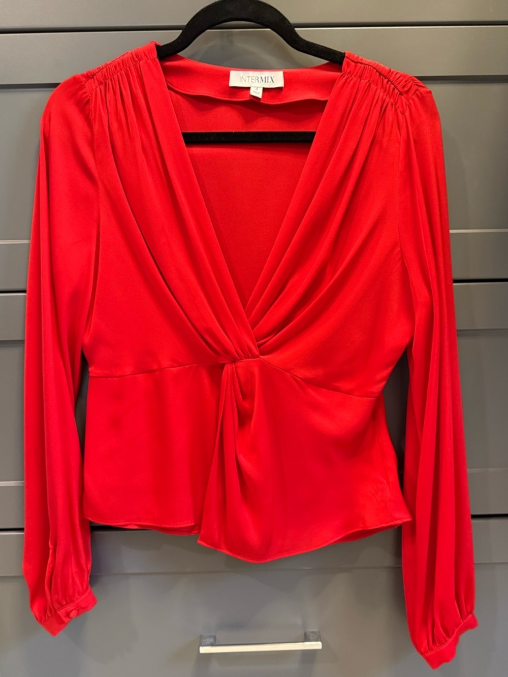 INTERMIX Red Twist-Front V-Neck Long Sleeve Silk Blouse, Size 4